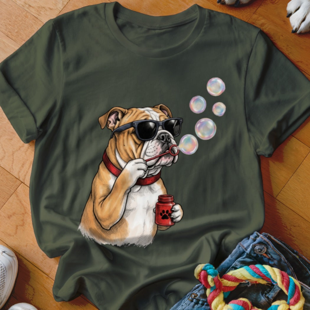 Dark green t-shirt featuring an illustration of an English bulldog wearing sunglasses and blowing bubbles.