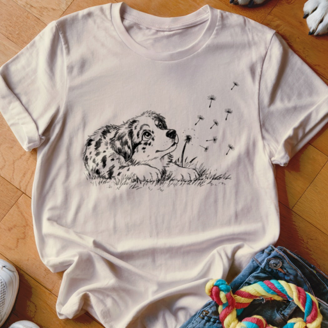 Beige crewneck t-shirt featuring a black line drawing of an Australian Shepherd puppy blowing dandelion seeds.