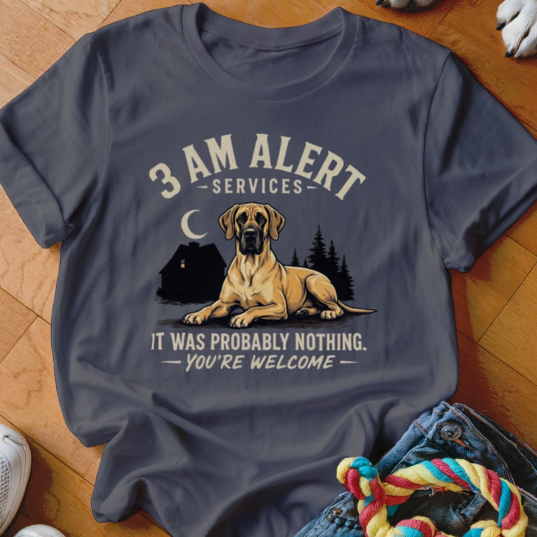 Great Dane at night with text "3 AM ALERT SERVICES" and "IT WAS PROBABLY NOTHING. - YOU'RE WELCOME."