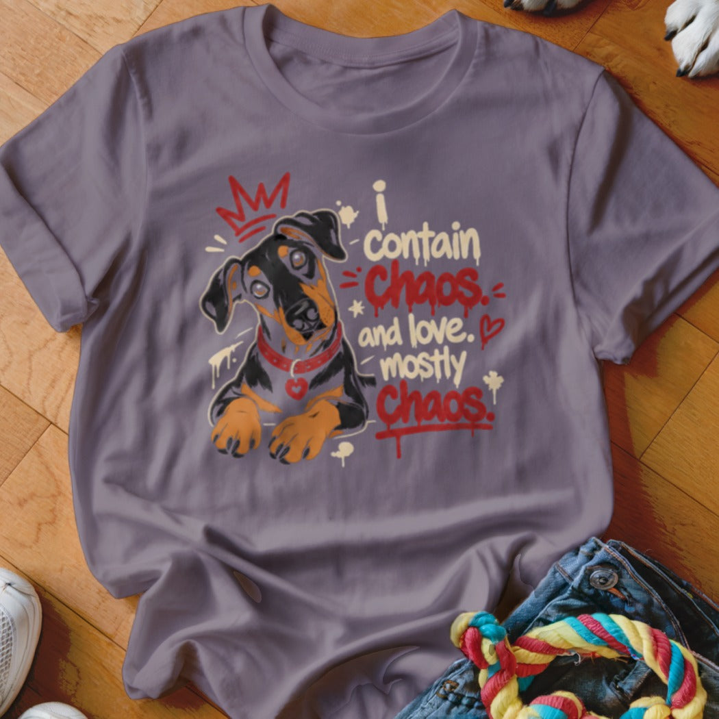 Doberman puppy graphic with text "I contain chaos and love. Mostly chaos."