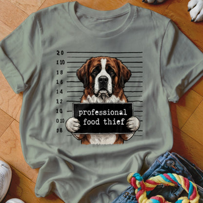 Saint Bernard mugshot with "professional food thief" sign and height markers