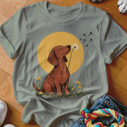 Sage green t-shirt featuring a graphic of a dachshund blowing a dandelion against a yellow circle.