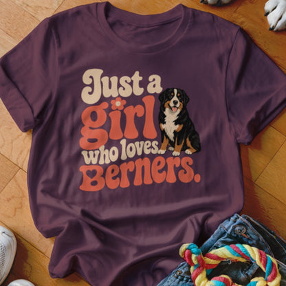 T-shirt graphic with a Bernese Mountain Dog and text "Just a girl who loves Berners."