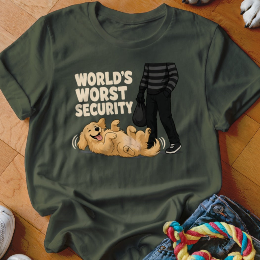Dark green t-shirt featuring a graphic of a golden retriever rolling on its back next to a burglar, with text reading World's Worst Security.