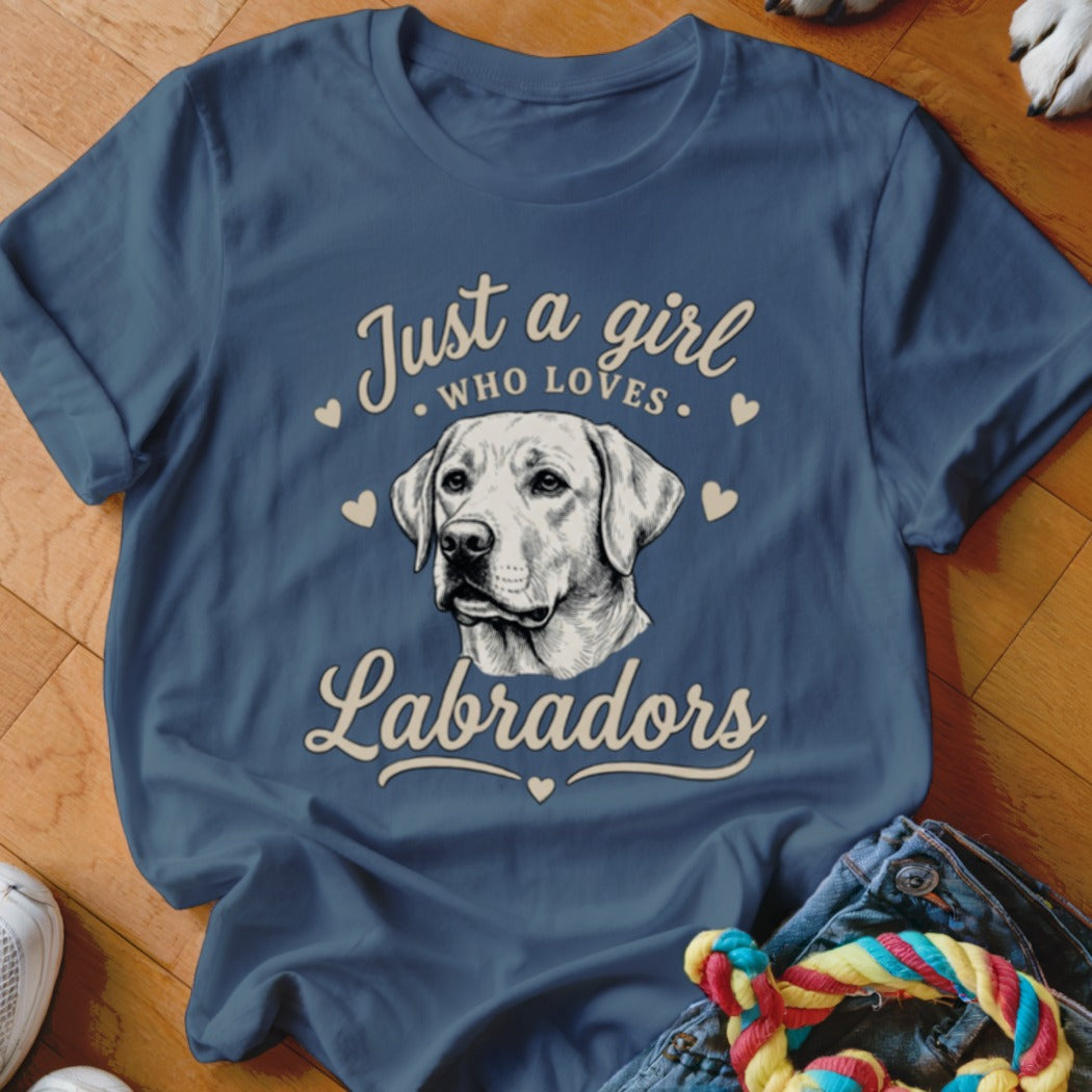 Dark blue t-shirt with a sketch of a Labrador and text reading Just a girl who loves Labradors.