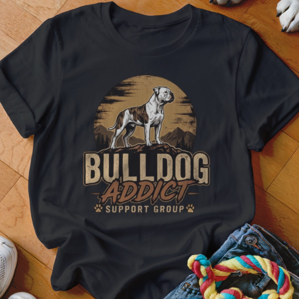 Black t-shirt featuring a graphic of a bulldog standing on a mountain with the text Bulldog Addict Support Group.