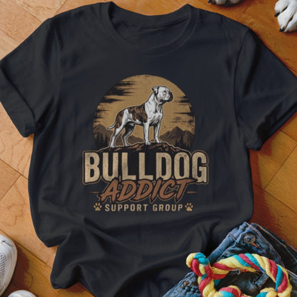 Black t-shirt featuring a graphic of a bulldog standing on a mountain with the text Bulldog Addict Support Group.