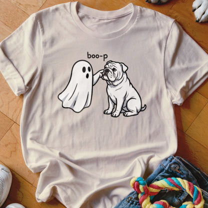 Ghost booping a bulldog with "boo-p" text on a light t-shirt.