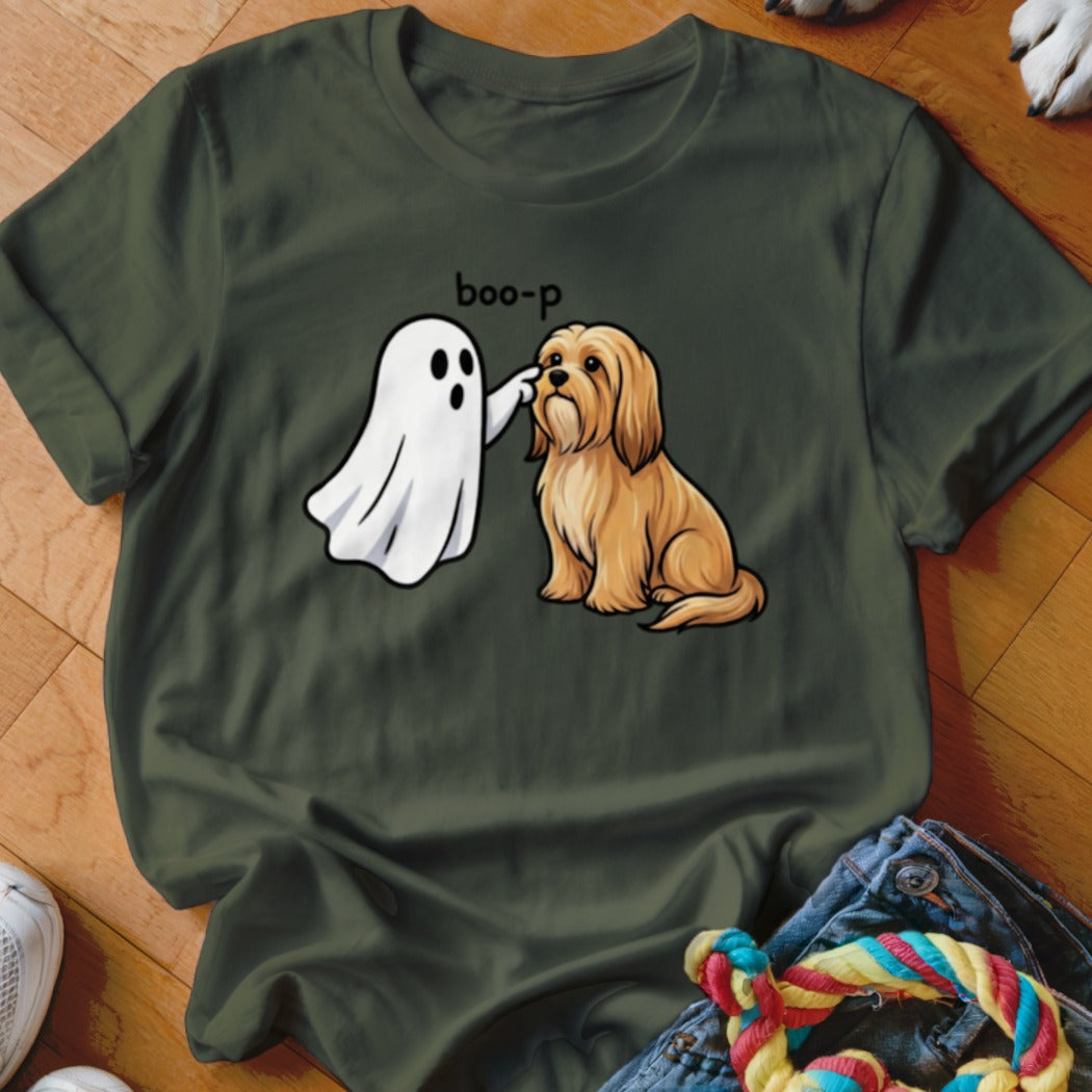 Ghost booping a shaggy tan dog with "boo-p" text above.