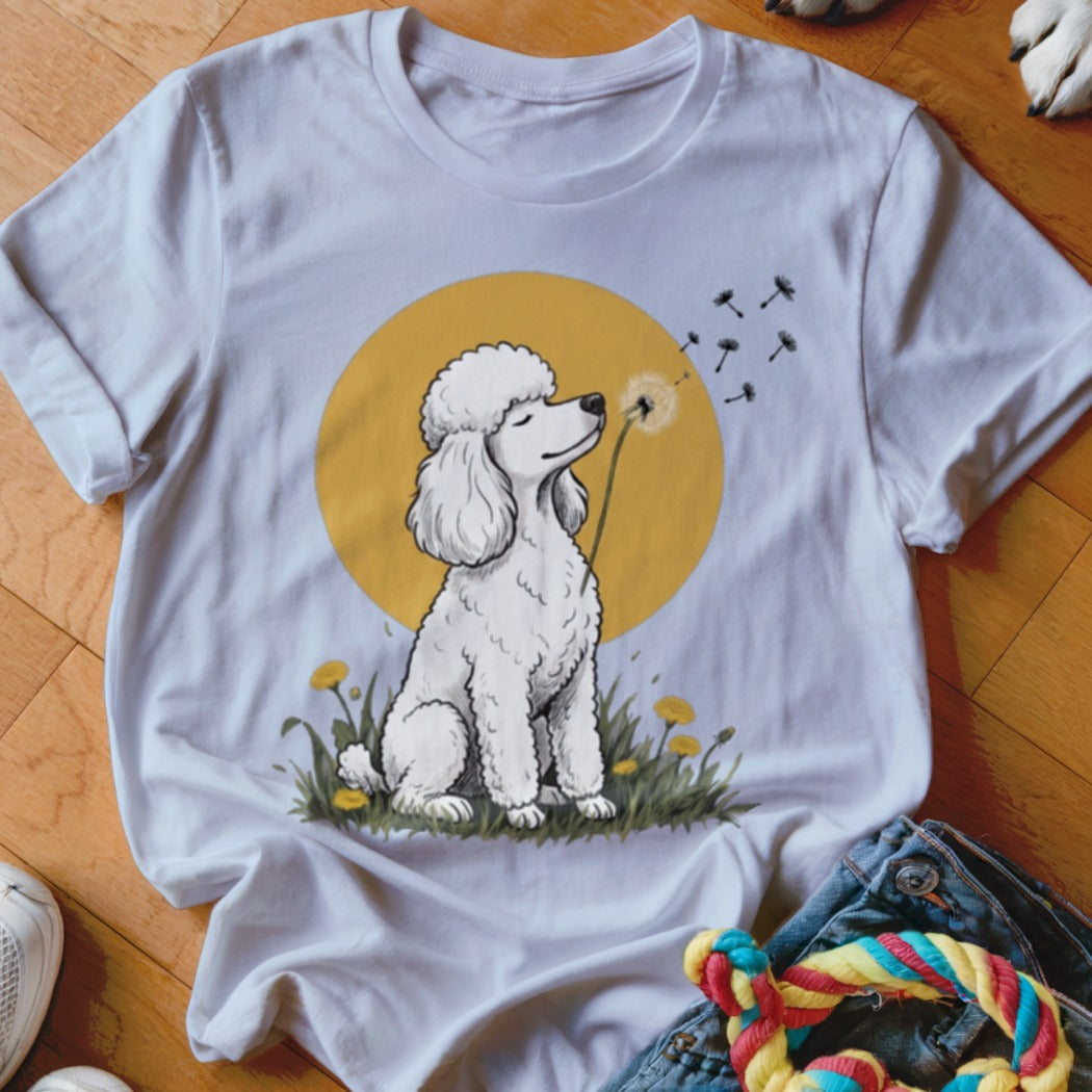White t-shirt featuring an illustration of a white poodle sitting in grass and blowing dandelions.