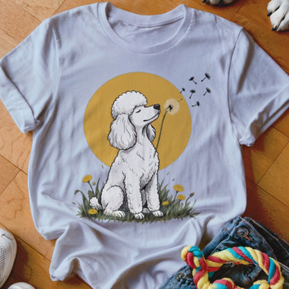 White t-shirt featuring an illustration of a white poodle sitting in grass and blowing dandelions.