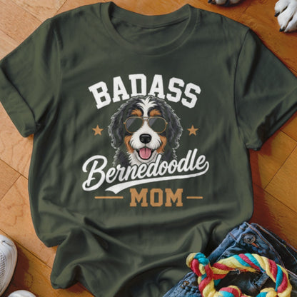 Green t-shirt with "Badass Bernedoodle Mom" text and a dog wearing sunglasses.