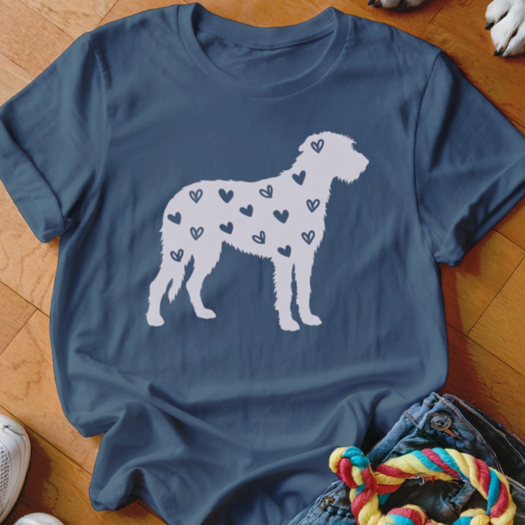 Navy t-shirt with white silhouette of dog covered in hearts.