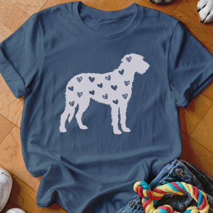 Navy t-shirt with white silhouette of dog covered in hearts.