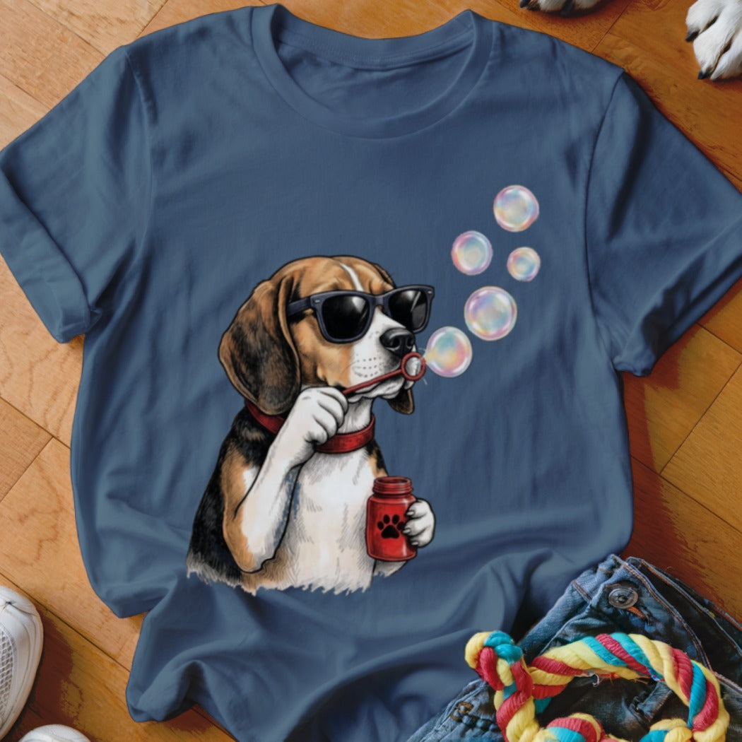 Dark blue crewneck t-shirt featuring a graphic of a beagle wearing sunglasses and blowing soap bubbles.