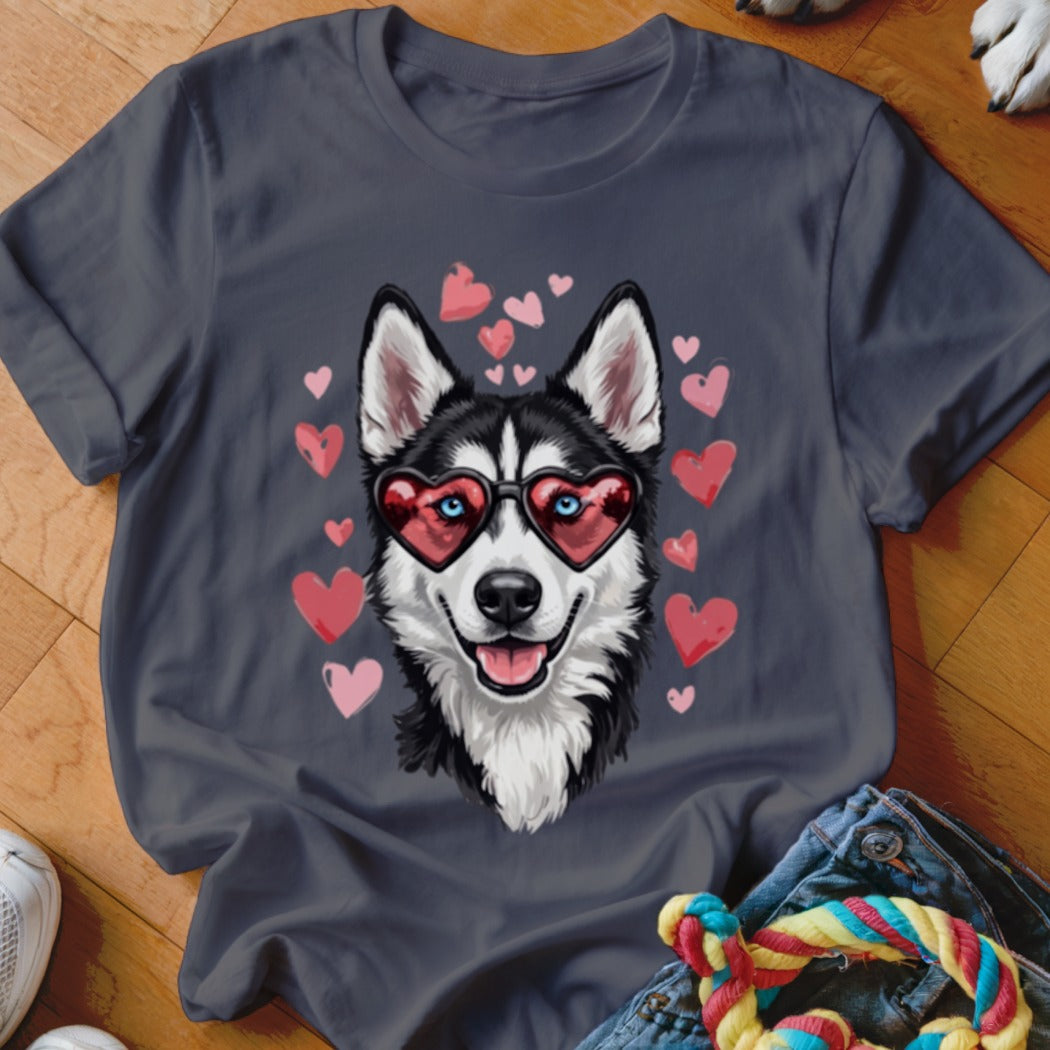 Charcoal grey t-shirt featuring a graphic of a husky wearing heart-shaped sunglasses surrounded by floating pink hearts.