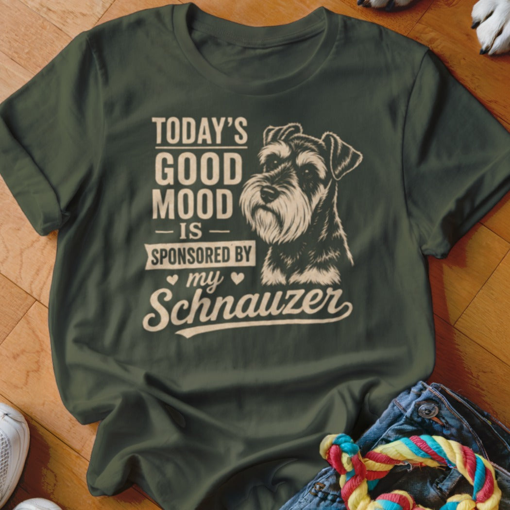 Green t-shirt with a Schnauzer dog illustration and text: "Today's Good Mood Is Sponsored By My Schnauzer".