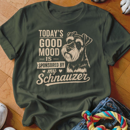 Green t-shirt with a Schnauzer dog illustration and text: "Today's Good Mood Is Sponsored By My Schnauzer".