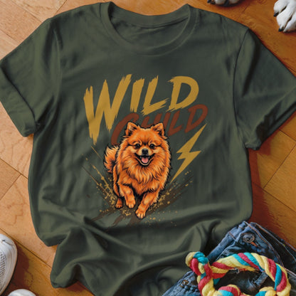 Dark green t-shirt featuring a graphic of a Pomeranian dog and the text Wild Child.