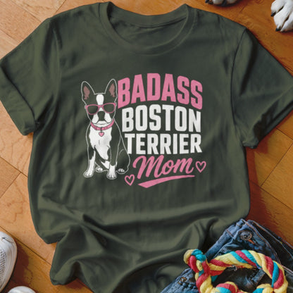 Boston Terrier Mom t-shirt with dog wearing sunglasses and pink text.