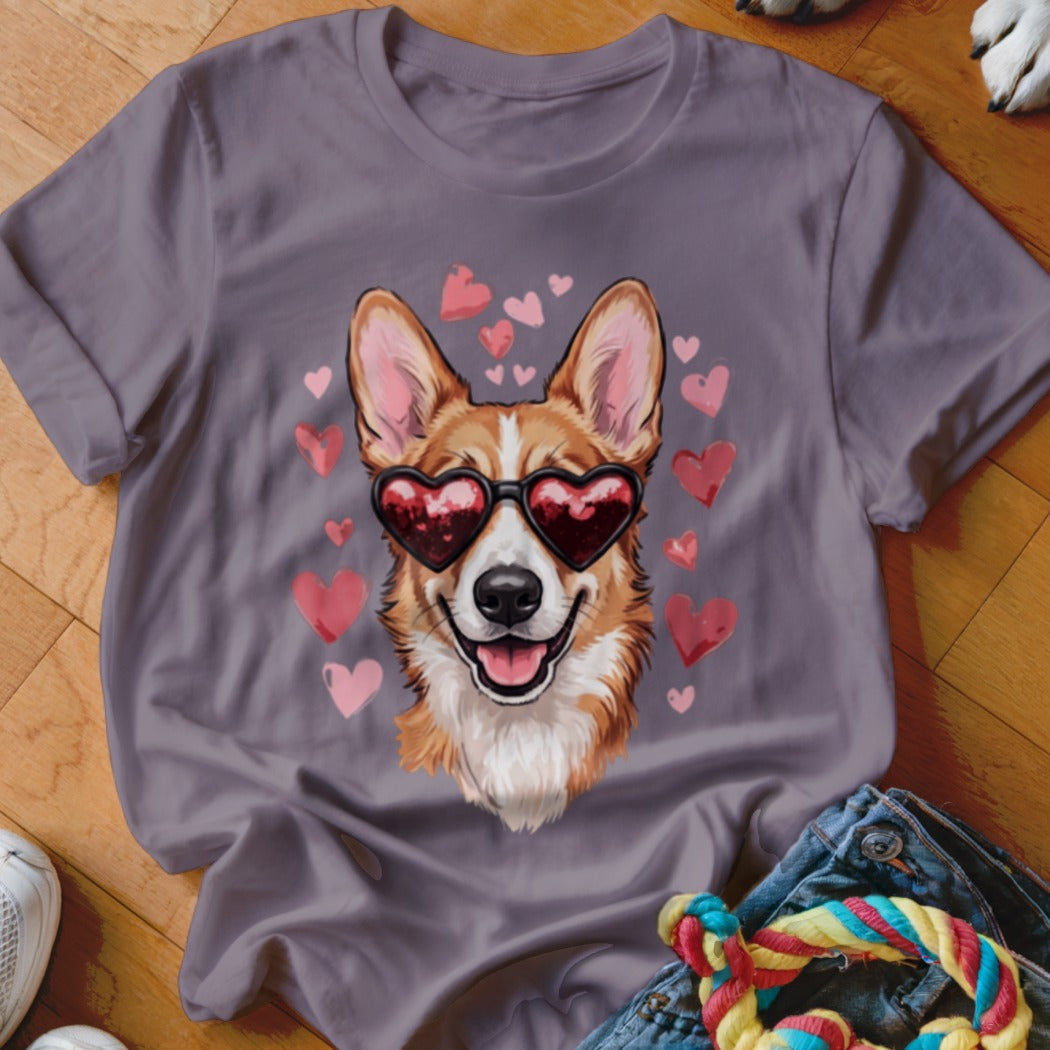 A dusty purple t-shirt featuring a Corgi wearing heart-shaped sunglasses surrounded by pink hearts.