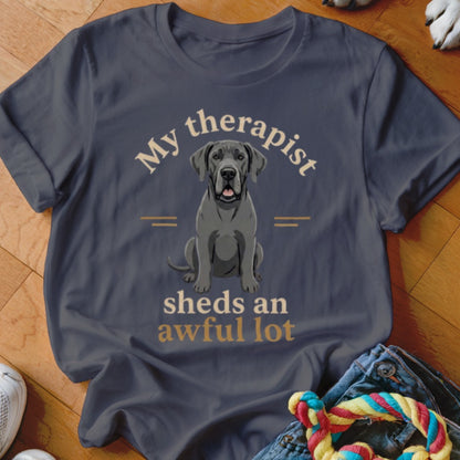 Dark grey t-shirt with a sitting grey Great Dane and text: "My therapist sheds an awful lot".