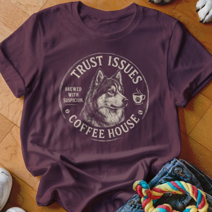 Maroon t-shirt with a circular graphic featuring a wolf and text "Trust Issues Coffee House".
