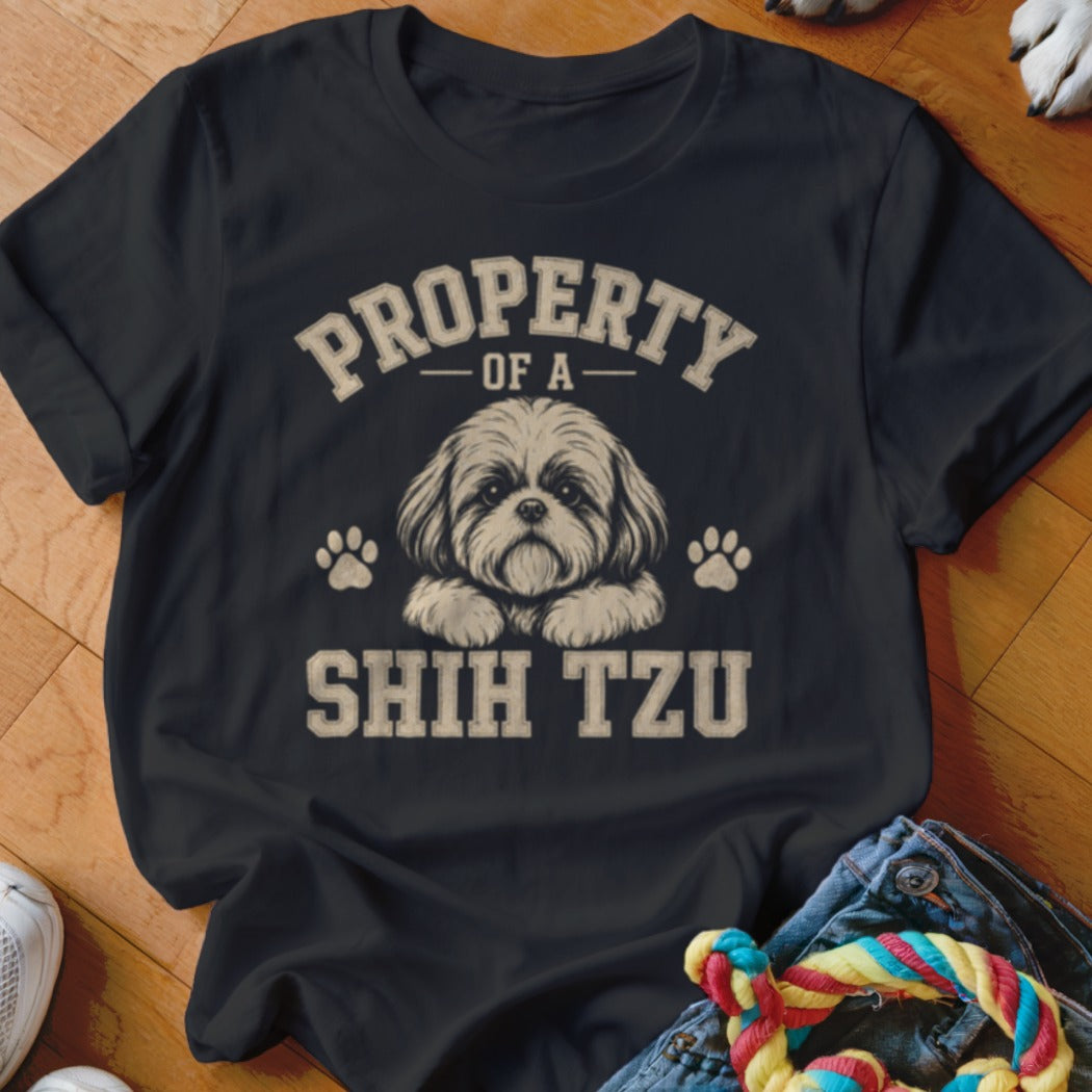 Black t-shirt with "Property of a Shih Tzu" text and a Shih Tzu dog graphic.