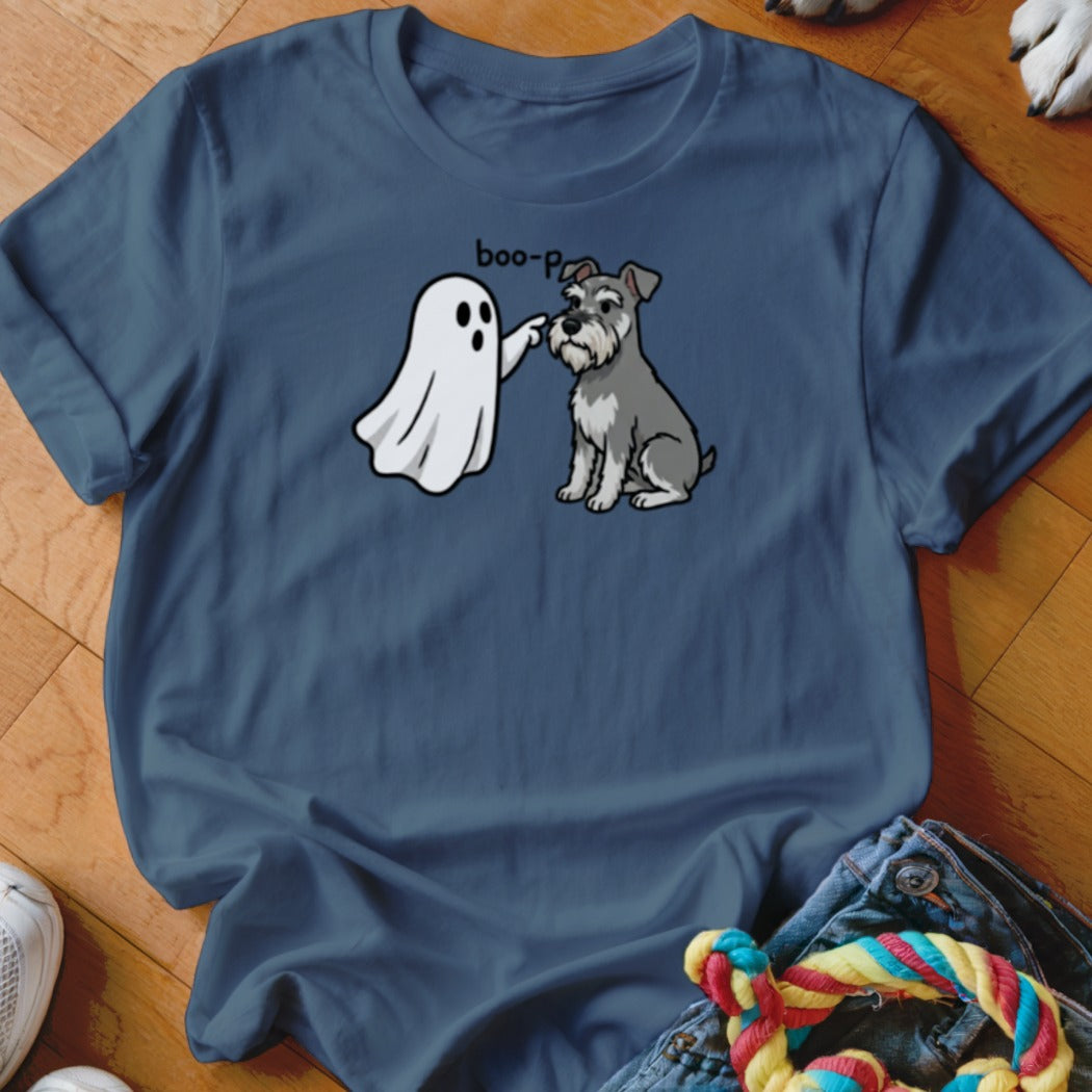 Ghost booping a schnauzer with "boo-p" text on a dark blue t-shirt.