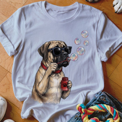 White t-shirt featuring an illustrated graphic of a mastiff wearing sunglasses and blowing soap bubbles.