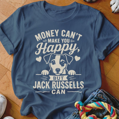 Navy t-shirt with "Money Can't Make You Happy, But Jack Russells Can" and a Jack Russell.