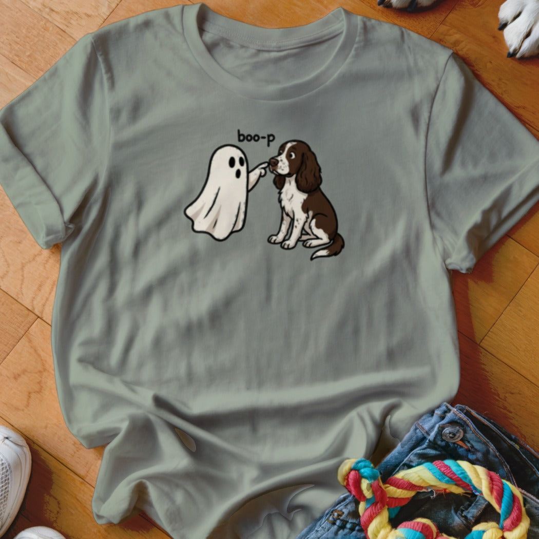 T-shirt with cartoon ghost "boop-ing" a brown and white dog.