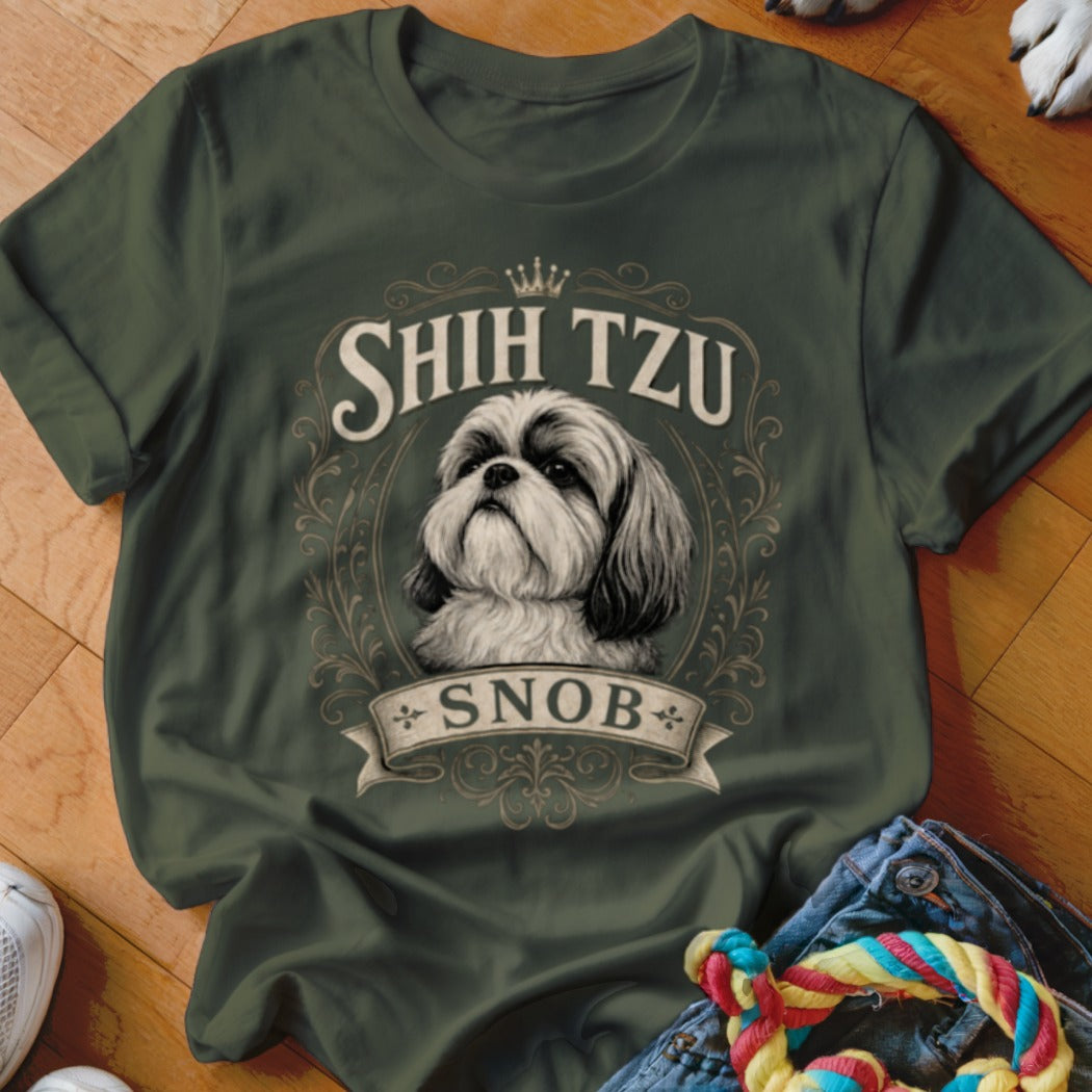 Dark green t-shirt with Shih Tzu dog portrait and the word SNOB.