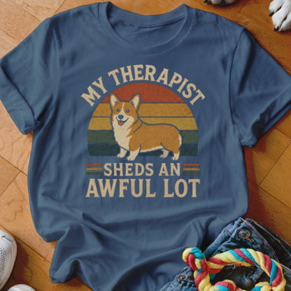 Blue t-shirt with a Corgi and text "My Therapist Sheds An Awful Lot".
