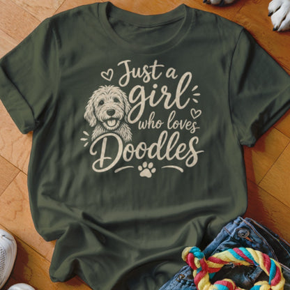 Green t-shirt with "Just a girl who loves Doodles" text and a doodle dog graphic.
