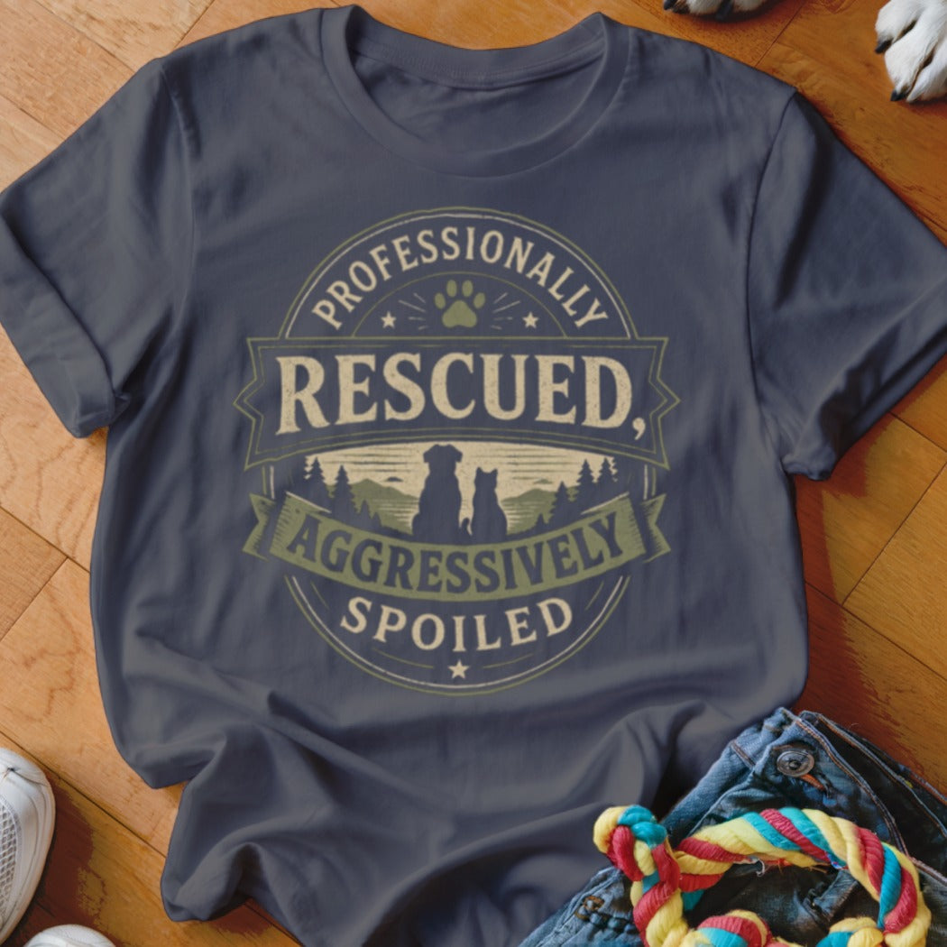 Dark blue t-shirt with "Professionally Rescued, Aggressively Spoiled" text and pet silhouettes.