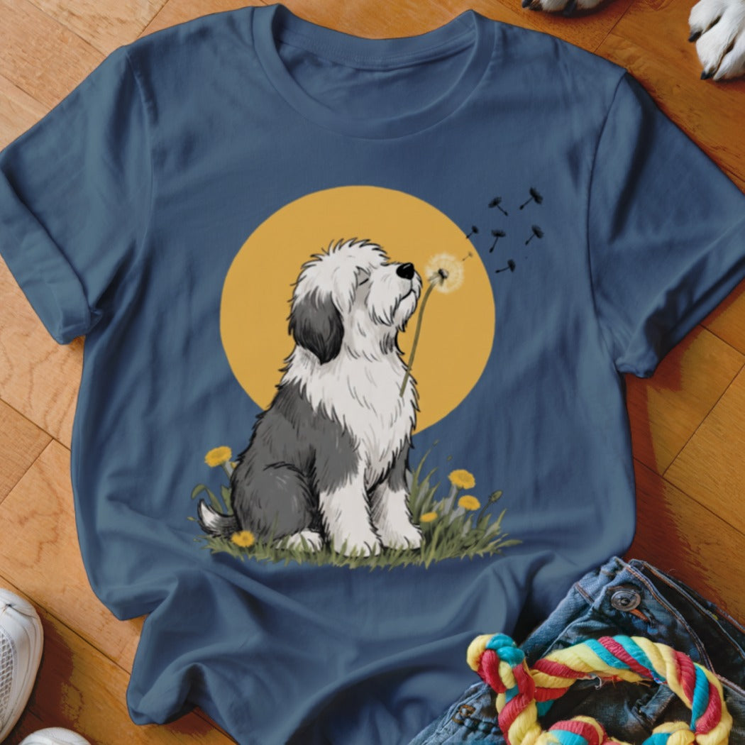 Blue crewneck t-shirt featuring an illustration of an Old English Sheepdog blowing a dandelion.