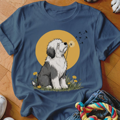 Blue crewneck t-shirt featuring an illustration of an Old English Sheepdog blowing a dandelion.