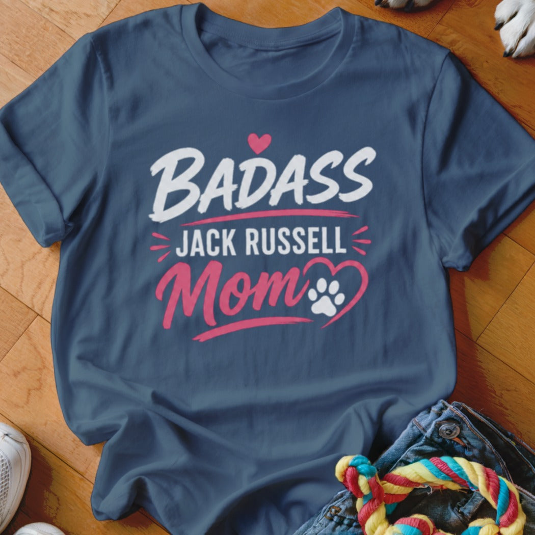 Dark blue t-shirt with "Badass Jack Russell Mom" and a paw print heart design.