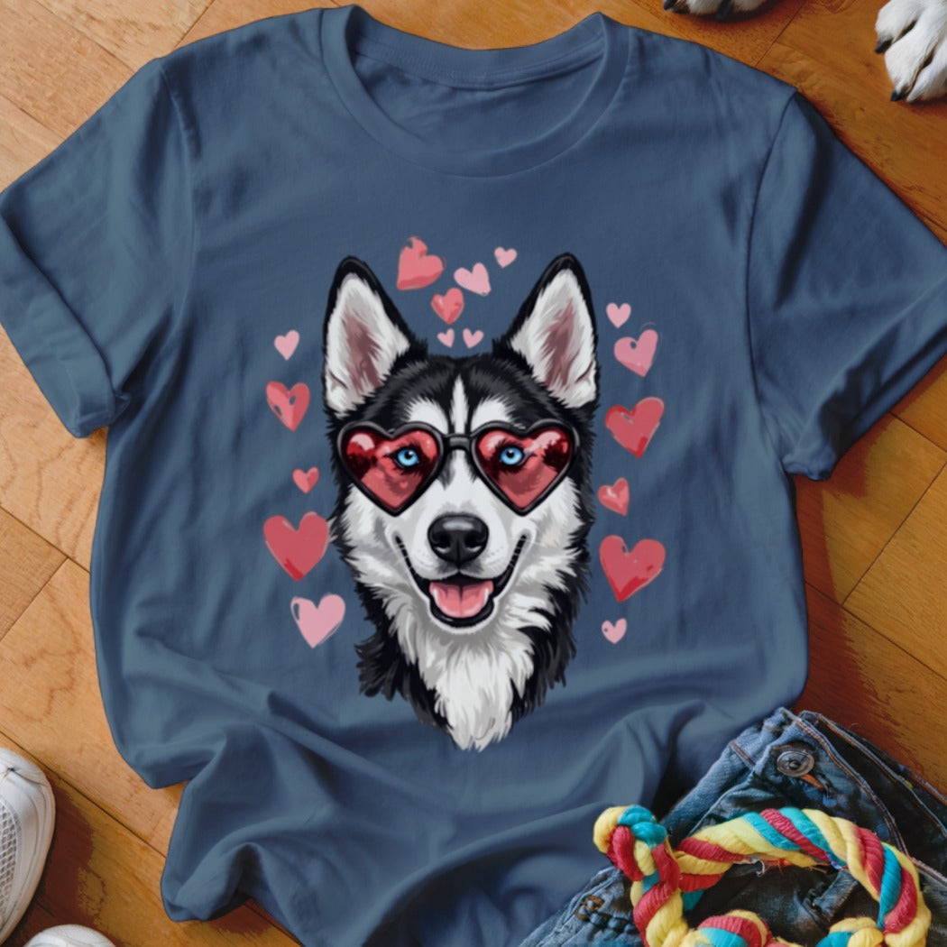 A slate blue t-shirt printed with a husky wearing heart-shaped sunglasses surrounded by floating pink hearts.