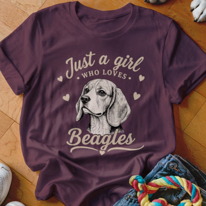 Maroon t-shirt featuring a sketched beagle portrait and the text Just a girl who loves Beagles.