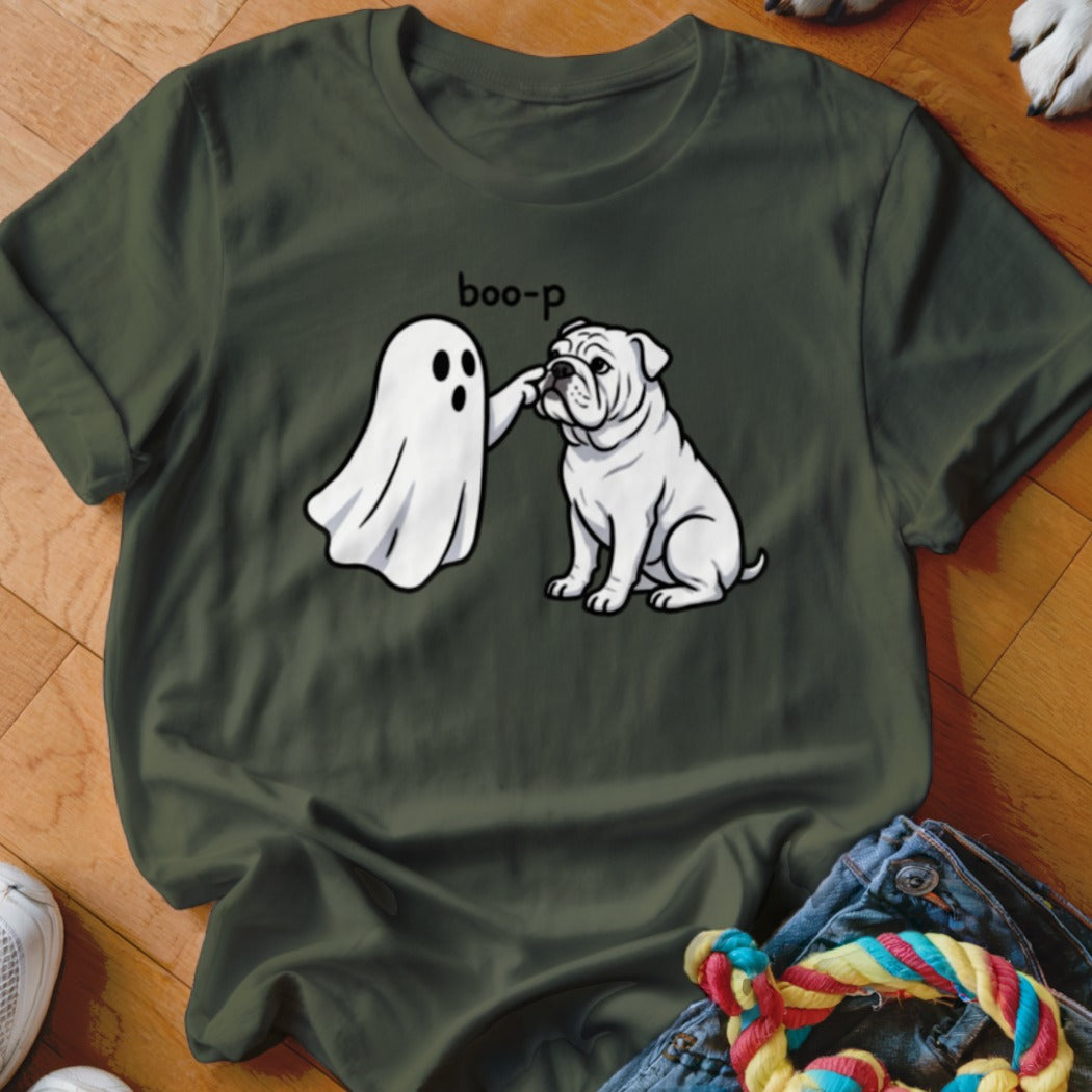 Ghost poking bulldog with text "boo-p".