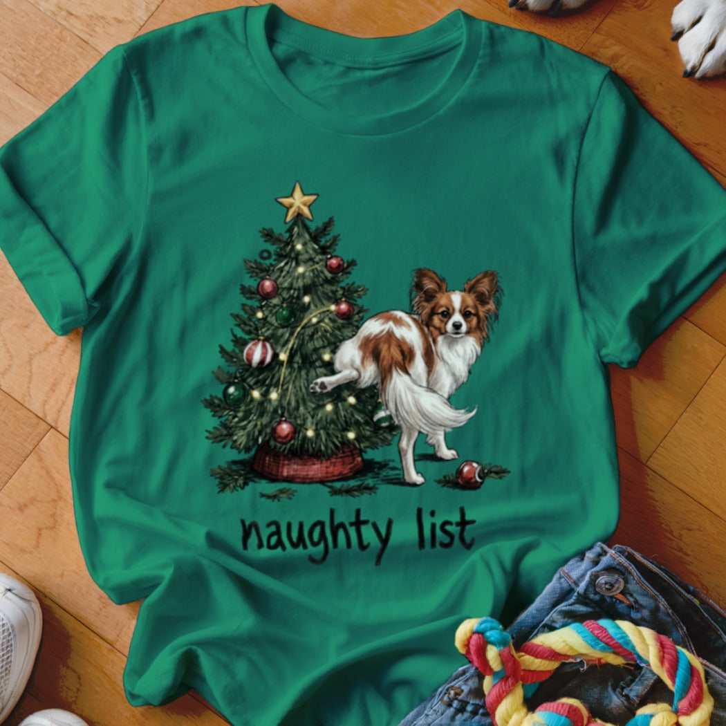 Green t-shirt with a Christmas tree and a dog, text reads "naughty list".