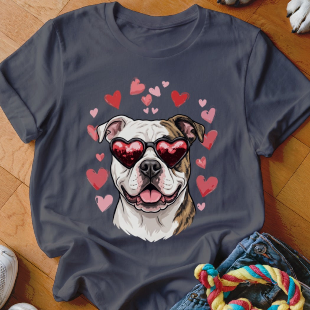 Dark grey crewneck t-shirt featuring a graphic of a bulldog wearing heart-shaped sunglasses surrounded by pink hearts.