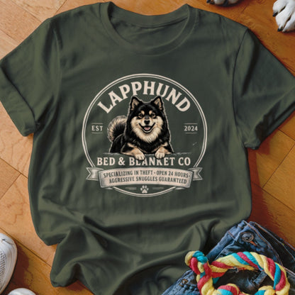 Lapphund Bed & Blanket Co. shirt with a dog, est. 2024, and "Aggressive Snuggles Guaranteed."