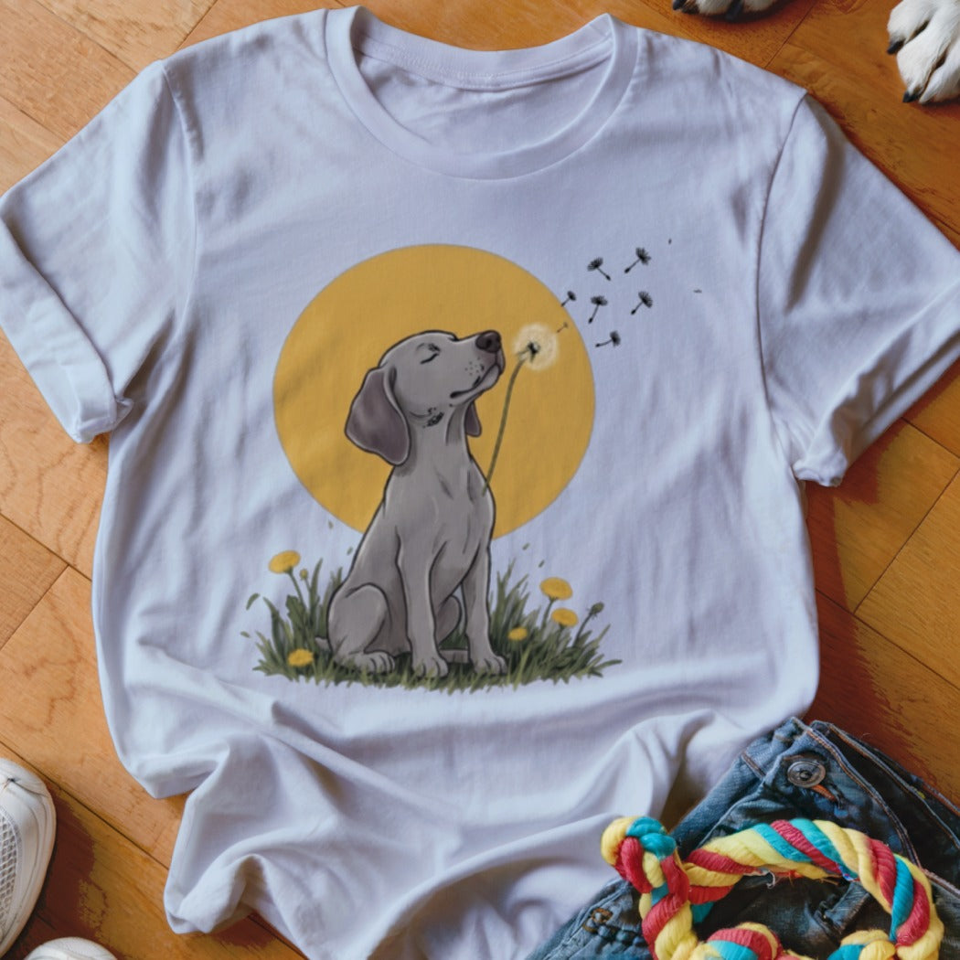 A white t-shirt featuring an illustration of a grey dog blowing dandelion seeds against a yellow circle.