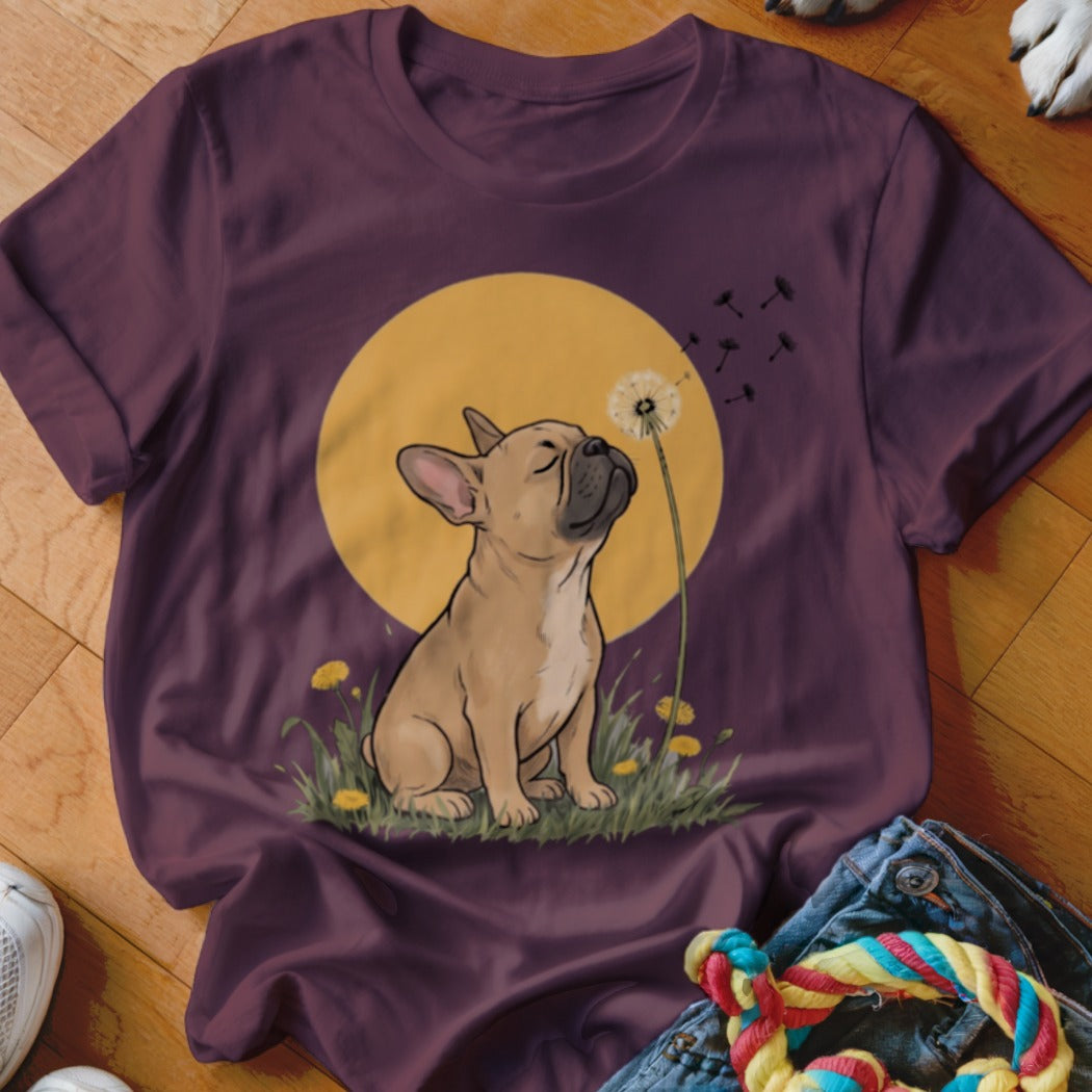 A plum t-shirt featuring an illustration of a French bulldog blowing dandelion seeds against a yellow moon.