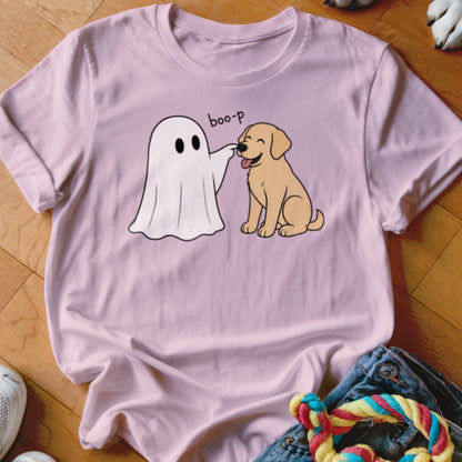Ghost booping a happy dog with text "boo-p" on a pink t-shirt.