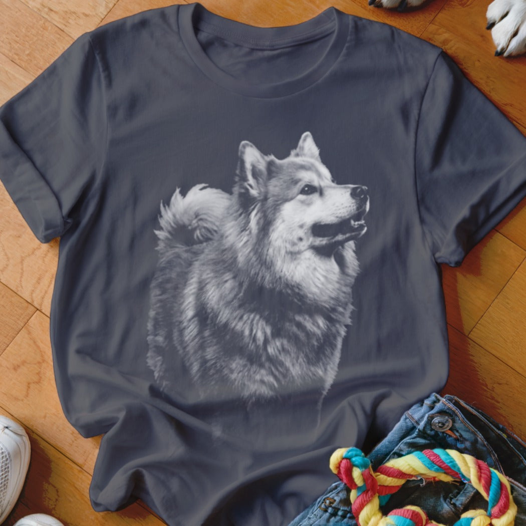 Charcoal t-shirt with a grayscale portrait of a fluffy dog looking to the right.