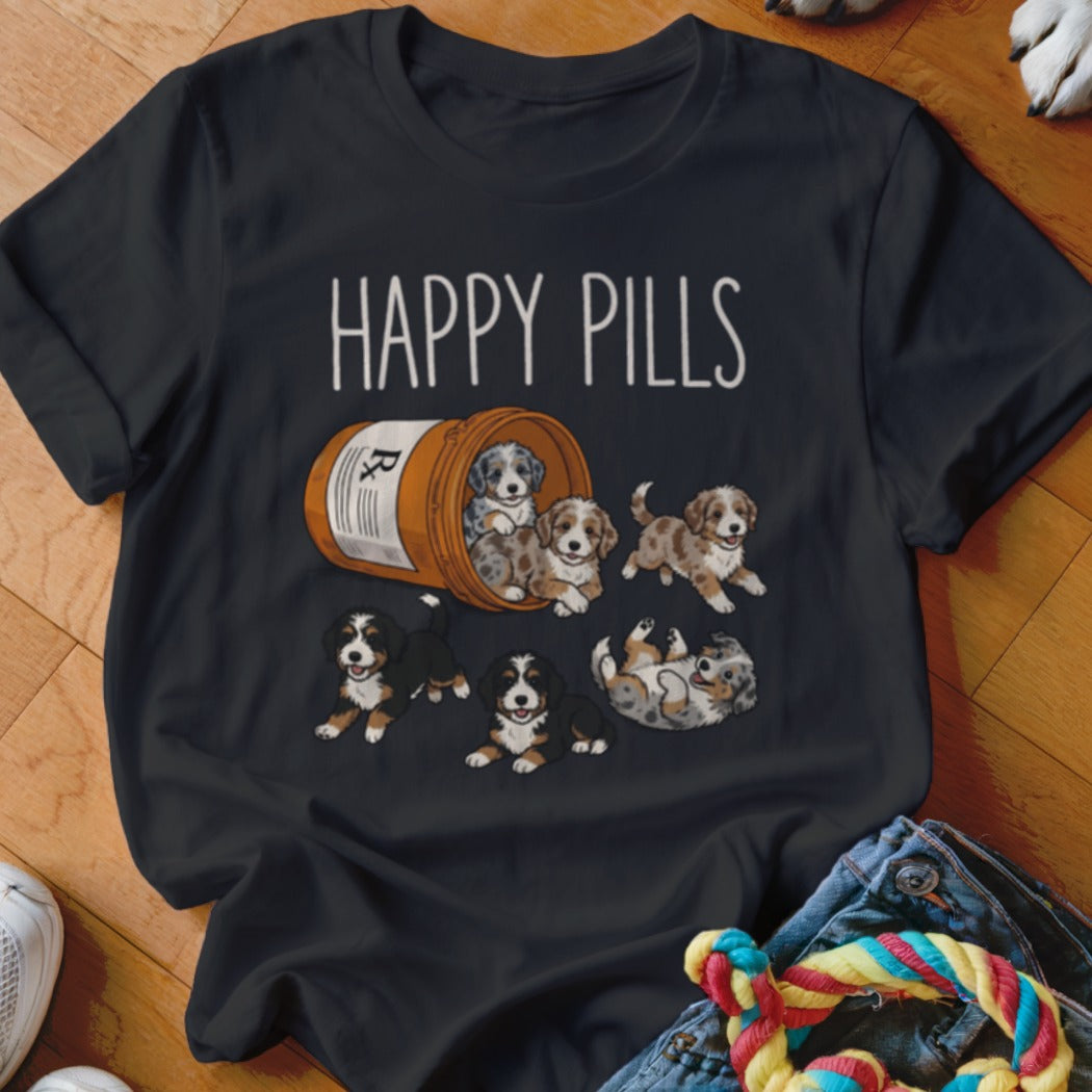 Black t-shirt with "HAPPY PILLS" text above a spilled bottle of cartoon puppies.